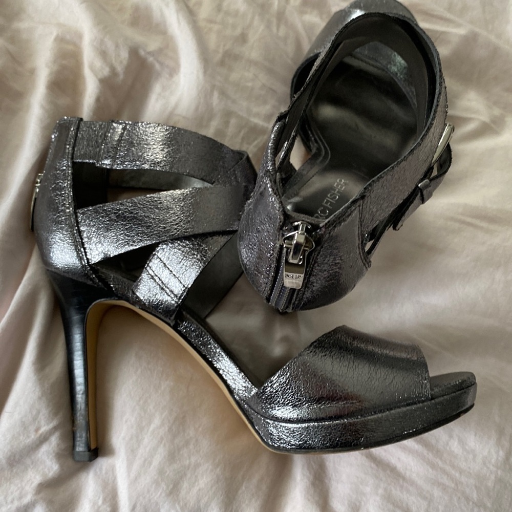 Metallic gray high heels worn one time